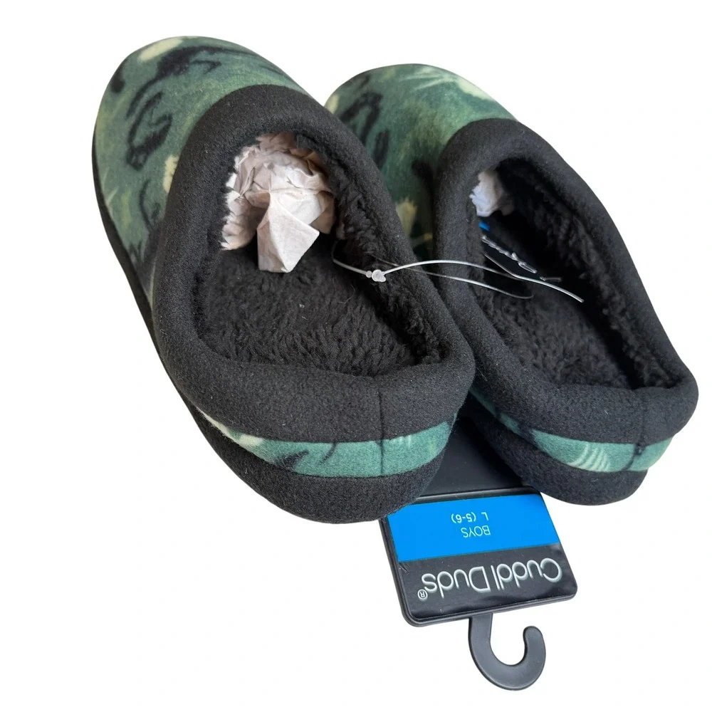 Cuddl Duds Boys Dinosaur‎ Fossil Fleece Slippers L 5/6 Green Glow In The Dark